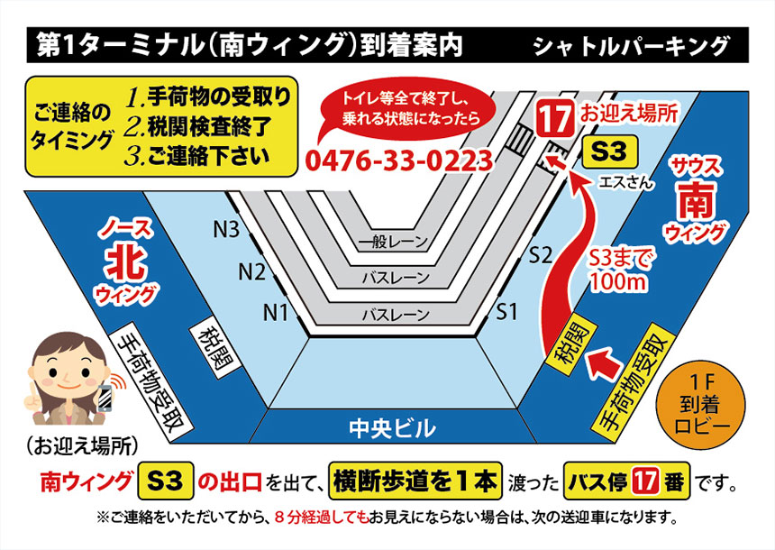 【成田空港第1ターミナル南ウイングに到着した場合】「南ウイングS3」の出口を出て、横断歩道を1本渡ったバス停17番がお迎え場所です。