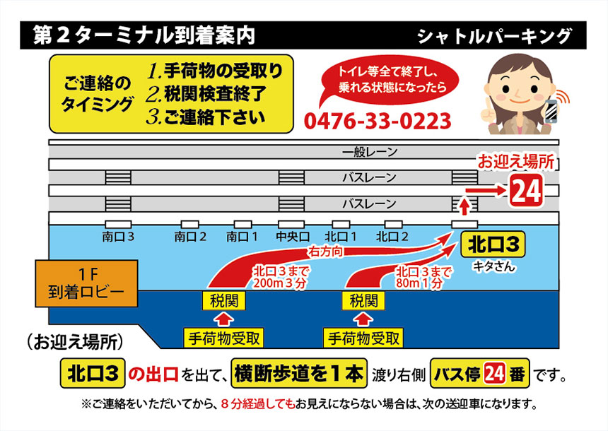 【成田空港第2ターミナルに到着した場合】「北口3」の出口を出て、横断歩道を1本渡りバス停24番